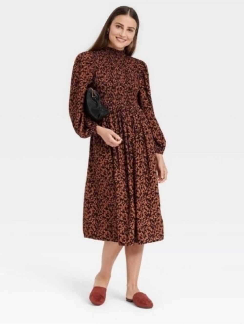 a new day Brown Floral High-Neck Midi Prairie Dress Sz S